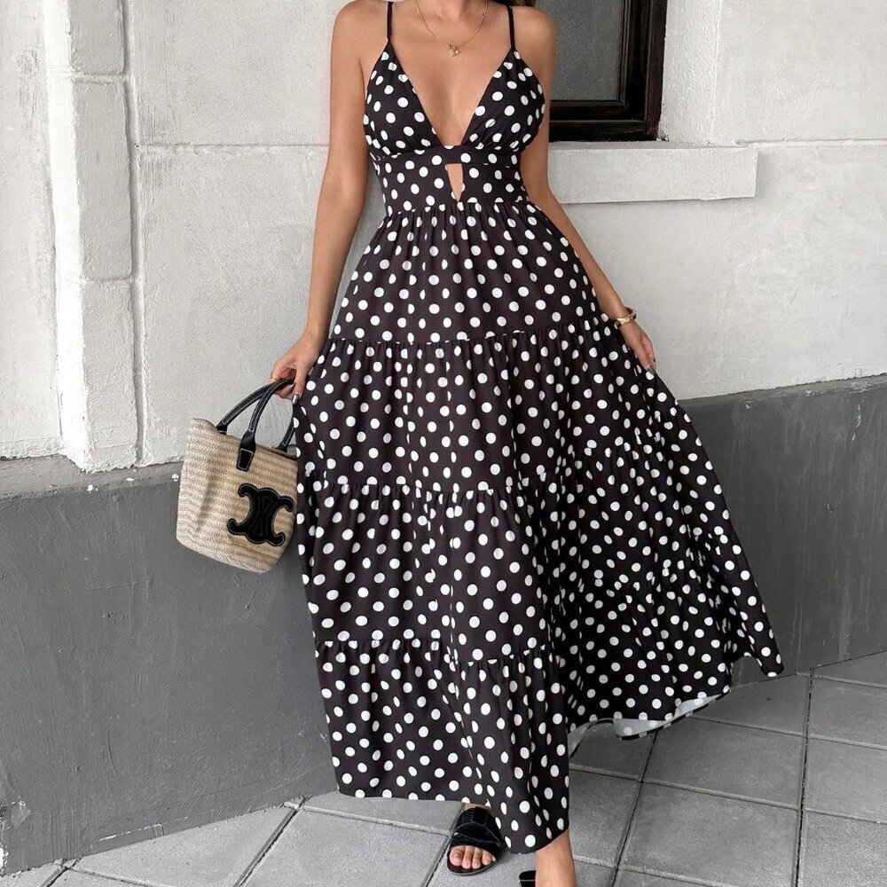 Black And White Boho Women's Loose Polka Dot Spaghetti Strap Patchwork Hem Dress - Picture 6 of 6